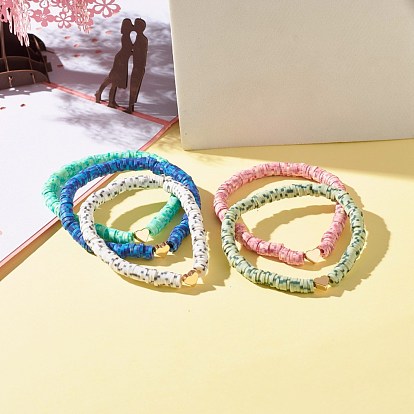 Handmade Polymer Clay Heishi Beads Stretch Bracelet, Heart Brass Beads Bracelet for Women, Golden