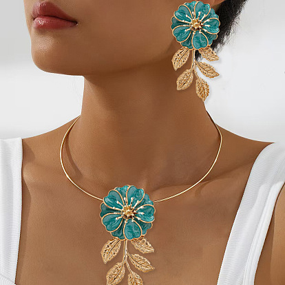Комплекты из колье и серег-гвоздиков с железной эмалью для женщин, золотые, цветок