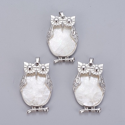Natural White Shell Mother of Pearl Shell Pendants, with Platinum Tone Brass Findings, Owl