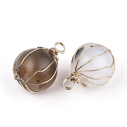 Natural Druzy Geode Agate Pendants, Wire Wrapped Pendants, with Brass Wire, Round