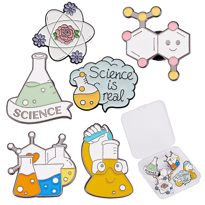6pcs 6 style épingles en émail sur le thème de la chimie, pour les élèves enseignants, broches en alliage avec mot pour vêtements de sac à dos