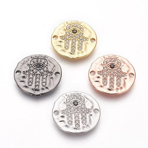 Латунные коннекторы, с кубического циркония, без свинца, без кадмии и без никеля, плоский круглый с hamsa рука / рука fatima / рука miriam
