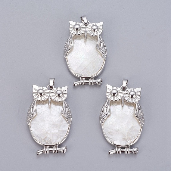 Natural White Shell Mother of Pearl Shell Pendants, with Platinum Tone Brass Findings, Owl