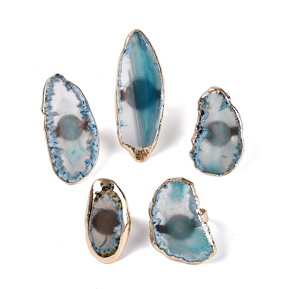 Natural Agate Cuff Rings, with Iron Findings, Dyed & Heated, Nuggets, Golden