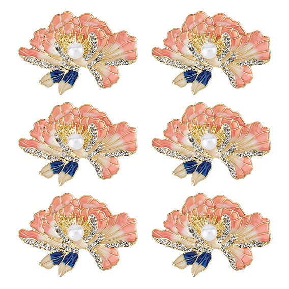 6 шт. эмалевые булавки в виде цветка пиона, Брошь из сплава со стразами для рюкзака, с бусинами из искусственного жемчуга из смолы