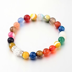Faceted Natural Agate Beaded Stretch Bracelets, with Polymer Clay Rhinestone Beads and Platinum Tone Brass Middle East Rhinestone Spacer Beads, 53mm