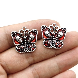 Alloy Enamel Pendants, Antique Silver, Butterfly with Skull Charm