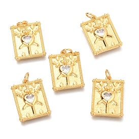 Brass Micro Pave Clear Cubic Zirconia Pendants, Rectangle with Heart and Sword