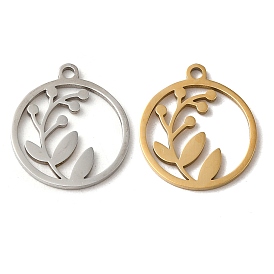 201 Stainless Steel Pendants, Laser Cut, Flat Round with Leaf Charm