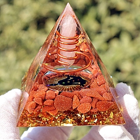 Orgonite Pyramid Resin Energy Generators, Reiki Wire Wrapped Natural Quartz Crystal Hexagonal Prism & Synthetic Goldstone Chip Inside for Home Office Desk Decoration