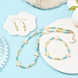 Комплекты из ожерелья, браслета и серег с подвесками из синтетической бирюзы, с нейлоновой нитью, латунные бусины и 304 крючки для сережек из нержавеющей стали
