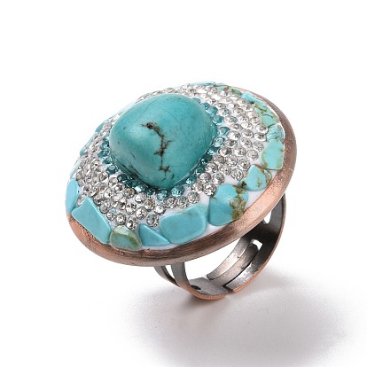 Synthetic Turquoise Nuggets Beaded Adjustable Ring with Crystal Rhinestone, Brass Half Round Wide Ring for Women, Cadmium Free & Lead Free