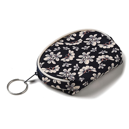 Flower Print Cotton Cloth Wallets with Alloy Zipper, Semicircle with Iron Ring