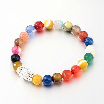 Faceted Natural Agate Beaded Stretch Bracelets, with Polymer Clay Rhinestone Beads and Platinum Tone Brass Middle East Rhinestone Spacer Beads, 53mm