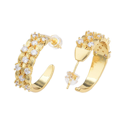 Cubic Zirconia Half Hoop  Earrings, Golden Brass C-shape Stud Earrings for Women, Nickel Free