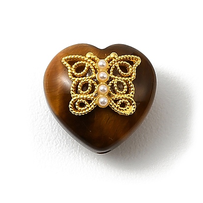 Природных тигровый глаз бисером, сердце, с фурнитурой из латуни и пластика, имитирующей жемчуг.