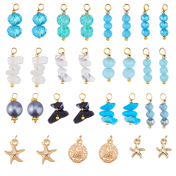 30Pcs 15 Styles Glass & Natural Snowflake Obsidian & Natural Magnesite & Synthetical Howlite & Natural White Jade & Alloy Pendants, with Brass Findings, Round & Starfish & Chip, Golden