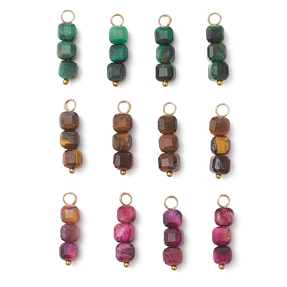 3шт. 3 цвета подвесок из натурального тигрового глаза, смешанные окрашенные и неокрашенные, ограненные кубические подвески, золотые