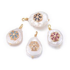 Pendentifs de perles d'eau douce de culture naturelle, avec accessoires zircon cubique micro pave en laiton, pépites avec hexagone, or