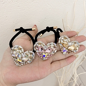 Elastic Fiber Hair Ties, with Alloy Glass and Imitation Pearls, Heart