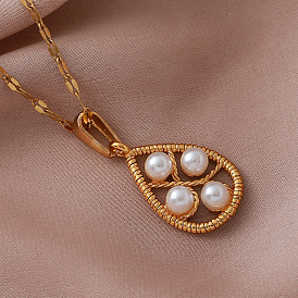 Vintage European 304 Stainless Steel & Imitation Pearl Teardrop Pendant Necklaces for Women, White