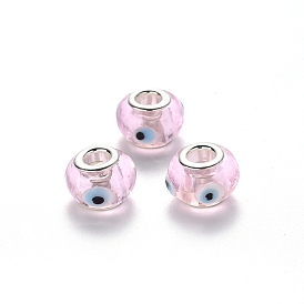 Handmade Evil Eye Lampwork European Beads, Large Hole Beads, with Platinum Color Core Brass Double Cores, Rondelle