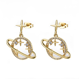 Brass Micro Pave Clear Cubic Zirconia Dangle Stud Earrings, with Earring Backs, Nickel Free, Planet