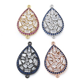 Rack Plating Brass Cubic Zirconia Teardrop Connector Charms, Long-Lasting Plated, Cadmium Free & Lead Free