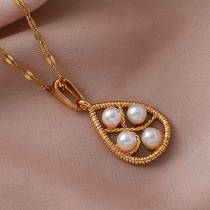 Vintage European 304 Stainless Steel & Imitation Pearl Teardrop Pendant Necklaces for Women, White