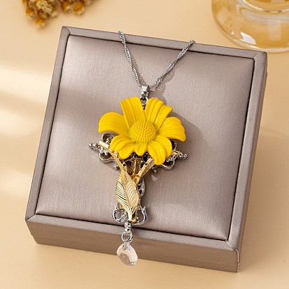 Alloy Enamel Cross Flower Pendant Necklaces for Women, Platinum