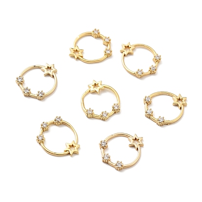 Rack Plating Brass Micro Pave Clear Cubic Zirconia Linking Rings, Flat Round with Star, Cadmium Free & Nickel Free & Lead Free