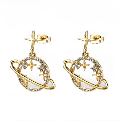 Brass Micro Pave Clear Cubic Zirconia Dangle Stud Earrings, with Earring Backs, Nickel Free, Planet