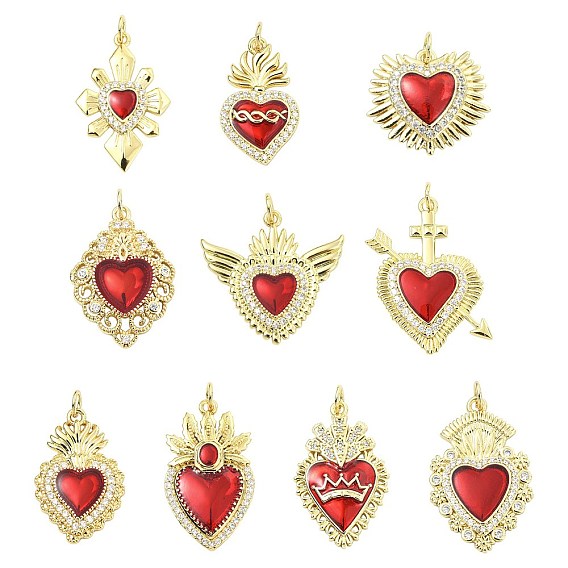 10 шт. 10 стили подвески из латуни класса ААА с кубическим цирконием, с эмалью, сердце