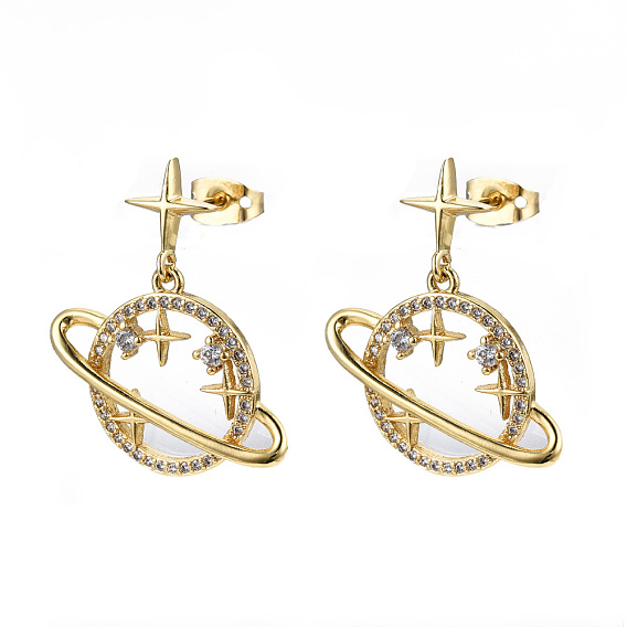 Brass Micro Pave Clear Cubic Zirconia Dangle Stud Earrings, with Earring Backs, Nickel Free, Planet