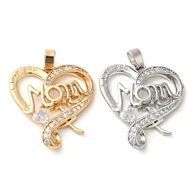 Brass Micro Pave Cubic Zirconia Pendants, Long-Lasting Plated, Heart with Word Mom