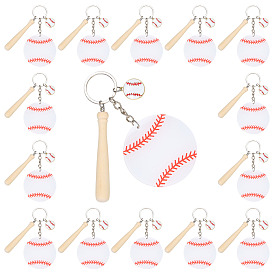 15Batte de baseball en bois de théacées, balle de baseball en acrylique et porte-clés pendentif en alliage émaillé, avec porte-clés fendus, or clair et platine