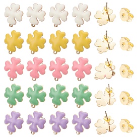 SUNNYCLUE 40Pcs 6 Style Iron Enamel Stud Earring Findings, with Raw(Unplated) Pin and Loop, Clover, Light Gold