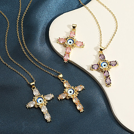 Stylish Religious Cross Pendant with Devil's Eye Charm Necklace for Women