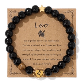 Twelve Constellations Theme Natural Black Stone Round Beaded Stretch Bracelets for Women Men