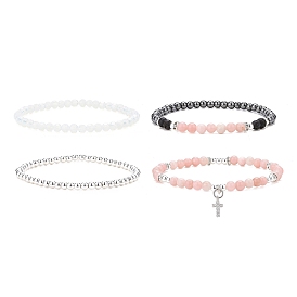 4Pcs 4 Style Natural & Synthetic Mixed Gemstone Round Beaded Stretch Bracelets Set, Clear Cubic Zirconia Cross Charms Stackable Bracelets for Women