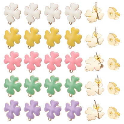 40Pcs 6 Style Iron Enamel Stud Earring Findings, with Raw(Unplated) Pin and Loop, Clover, Light Gold