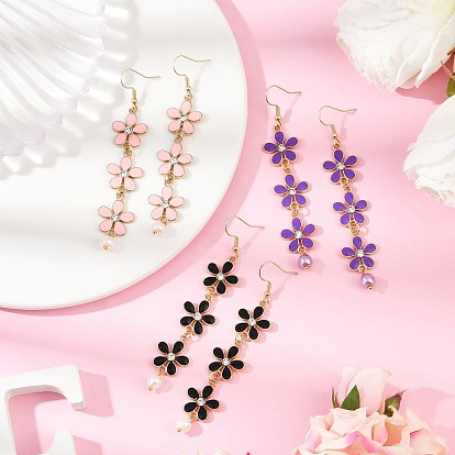 Серьги с подвесками в виде цветов из цинкового сплава и эмали, со стеклянным жемчугом и 304 крючками для сережек из нержавеющей стали, золотые