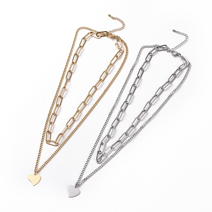 304 многослойное ожерелье из двойных цепочек из нержавеющей стали с подвесками в виде сердечек для женщин