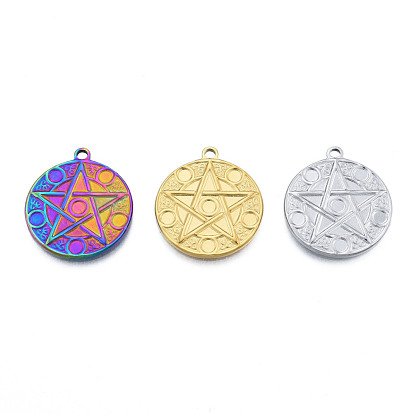 201 Stainless Steel Pendants, Flat Round with Star