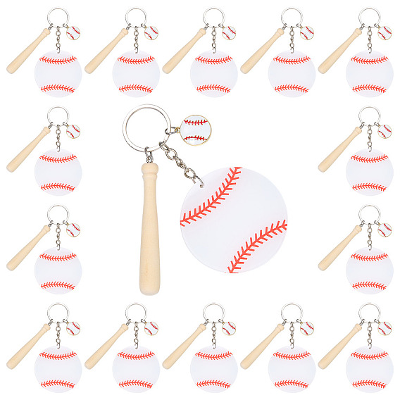 15Pcs Theaceae Wood Baseball Bat & Acrylic Baseball & Alloy Enamel Pendant Keychains, with Iron Split Key Rings, Light Gold & Platinum
