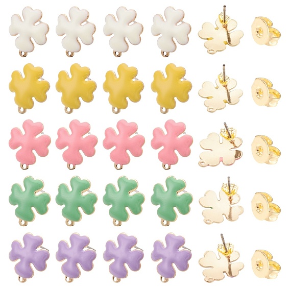 40Pcs 6 Style Iron Enamel Stud Earring Findings, with Raw(Unplated) Pin and Loop, Clover, Light Gold