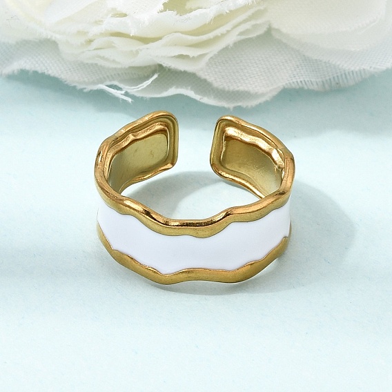 304 Stainless Steel Enamel Cuff Open Rings, Golden