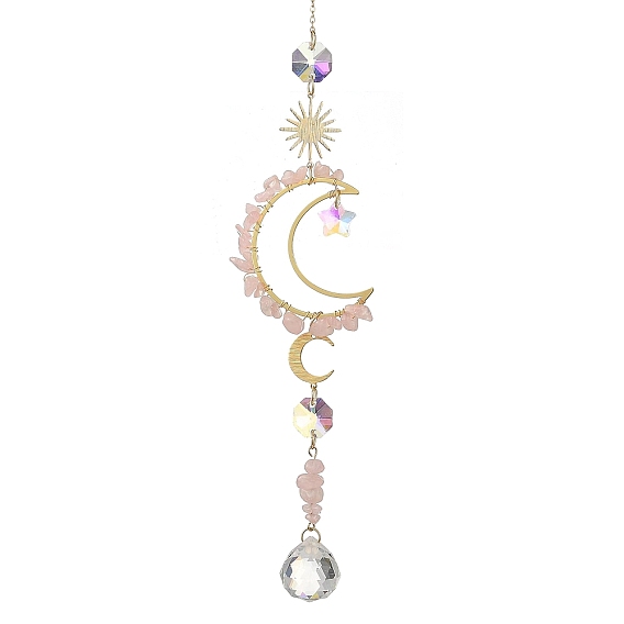 Attrape-soleil en pierres précieuses naturelles et perles de verre en forme d'étoile, avec un charm soleil et lune en laiton., Décoration murale pour la maison et le jardin