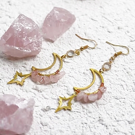 Natural Rose Quartz Dangle Earrings for Women, Moon, Golden