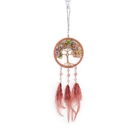 Iron & Wire Wrapped Natural Mixed Stone Chip Tree of Life Car Hanging Decoration, Woven Net/Web with Feather